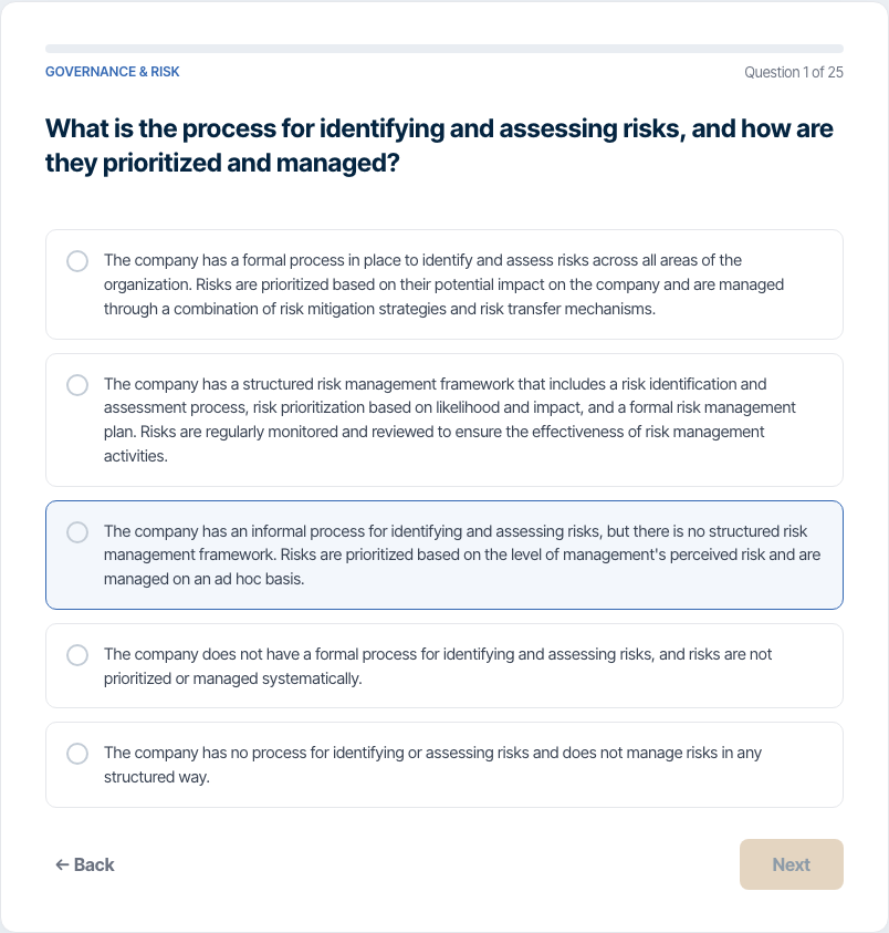 FIRAv2 question screen with five possible responses and progress indicator
