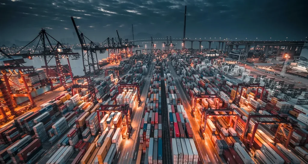 Container terminal at dusk, stacked containers and gantry cranes under floodlights
